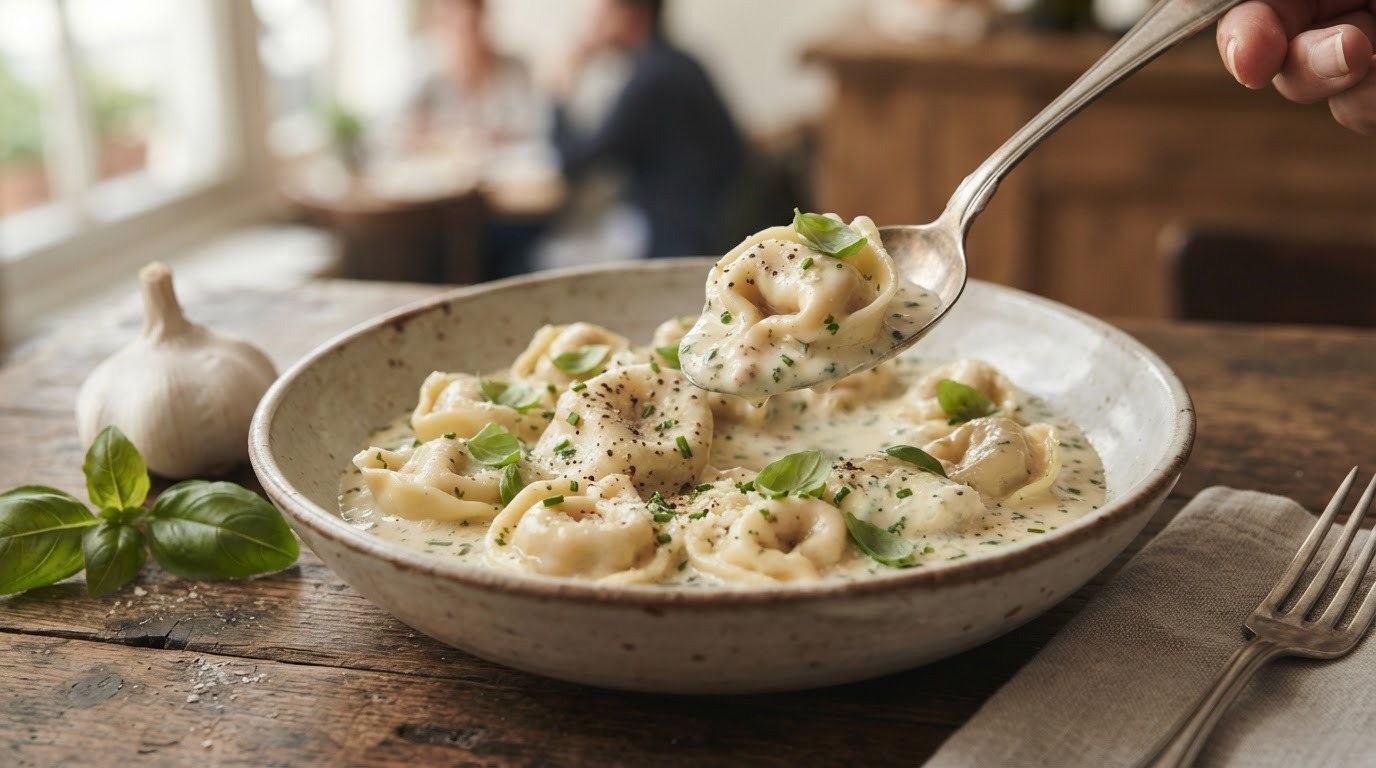 Tortellini ham met verse knoflookkaassaus en kruiden