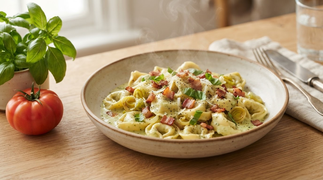 Tortellini met kaas-basilicumsaus en spekjes