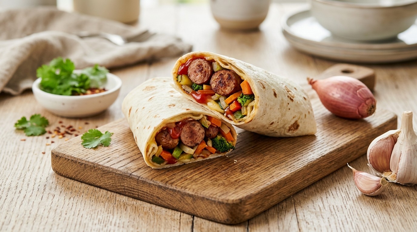 Tortilla met roerbakgroenten en runderworsten