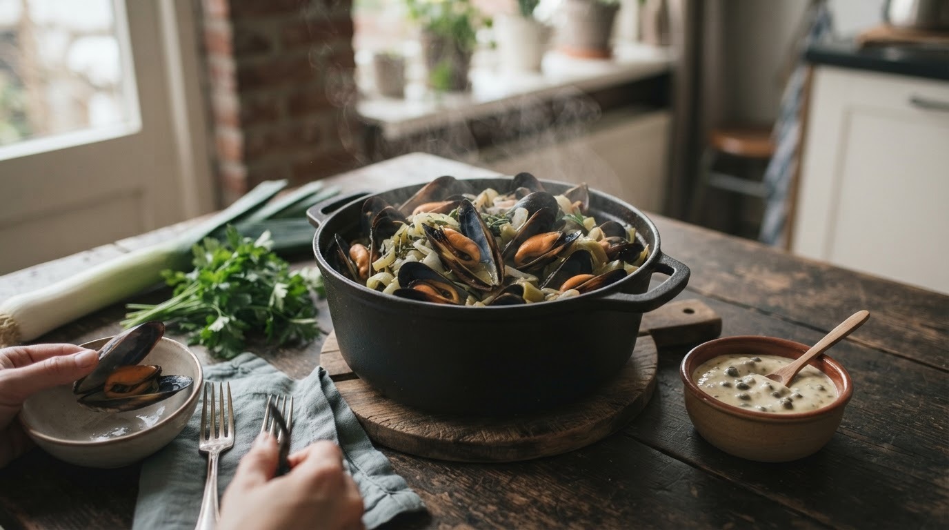 Traditioneel gekookte mosselen met remouladesaus