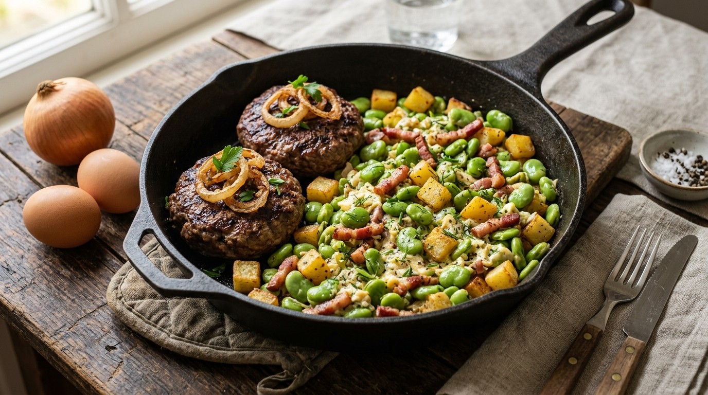 Tuinbonen schotel met hamburgers