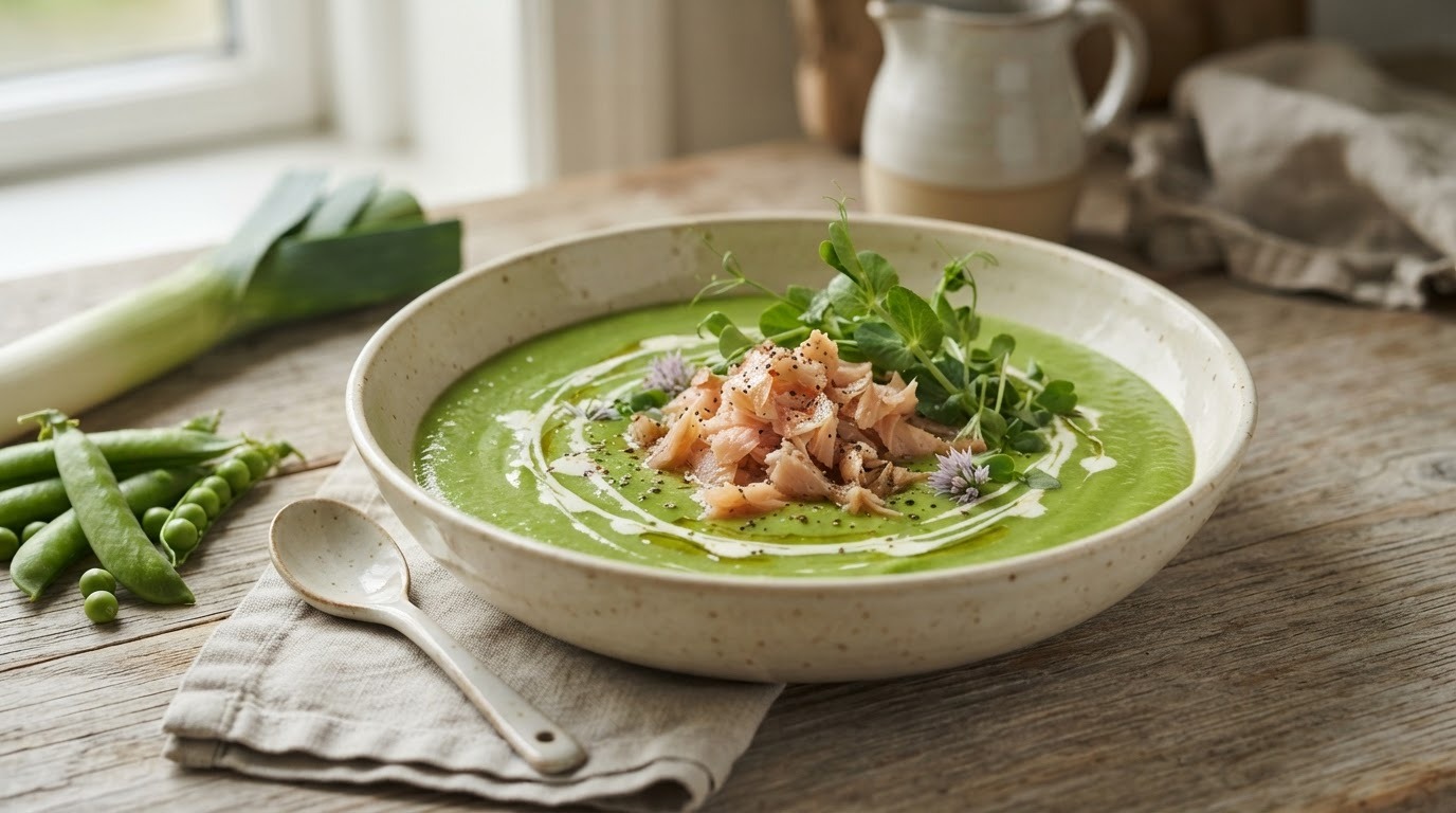 Tuinerwtensoep met truffel en gerooket forel