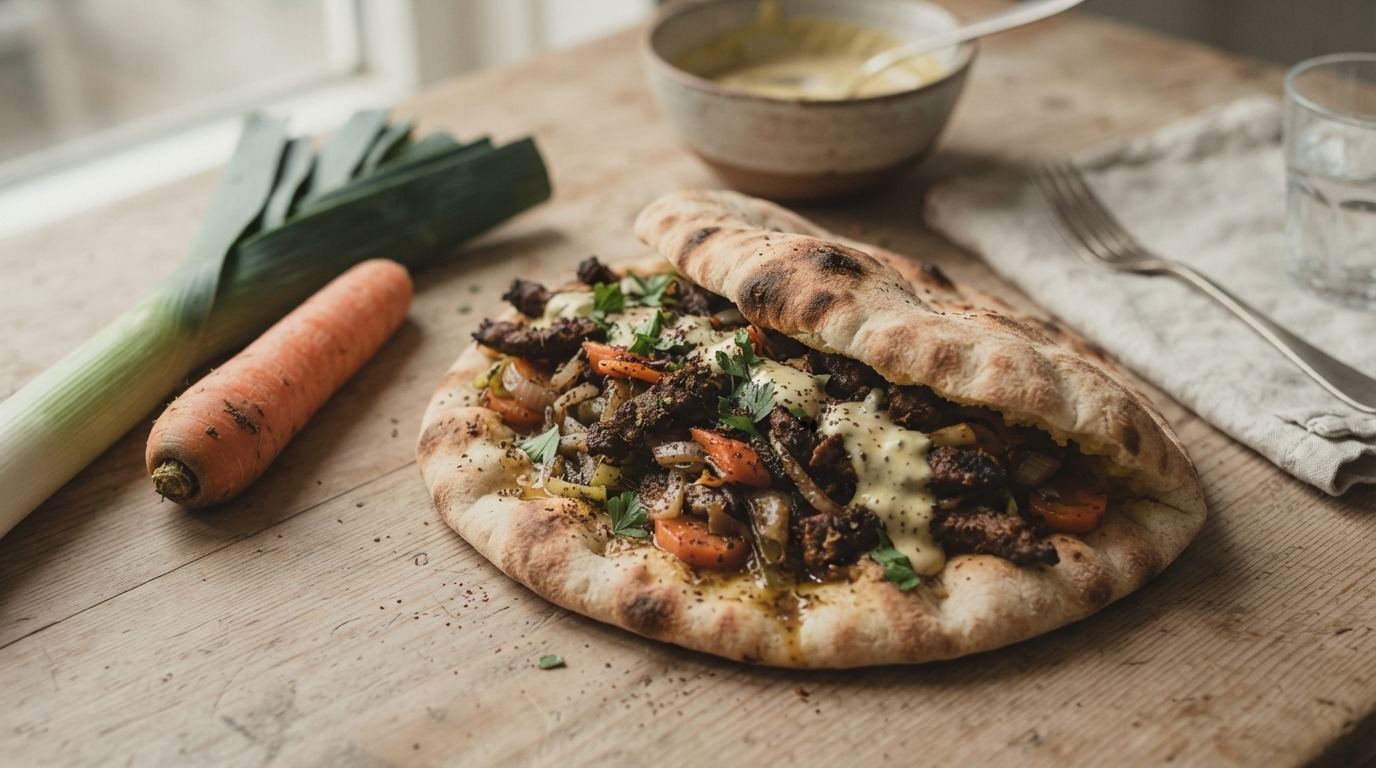 Turksbrood met shoarma en soepgroente