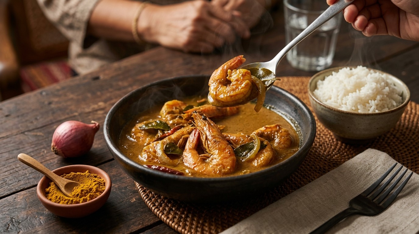 Udang Curry (grote garnalen in currysaus)