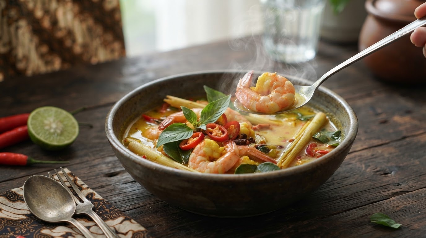 Udang kuah assam pedis (Garnalen in een zure, zeer pittige bouillon)