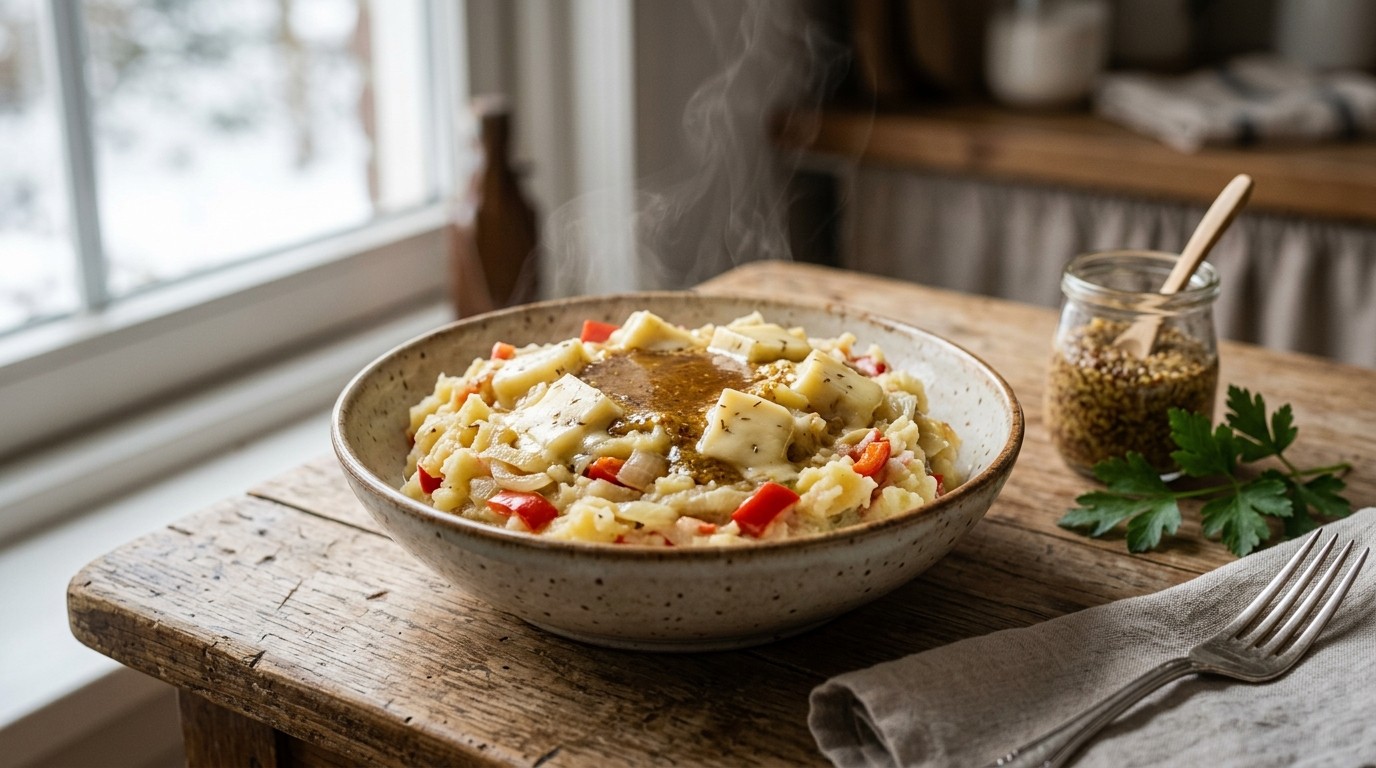 Ui-paprikastampot met leidse kaas en mosterdsaus