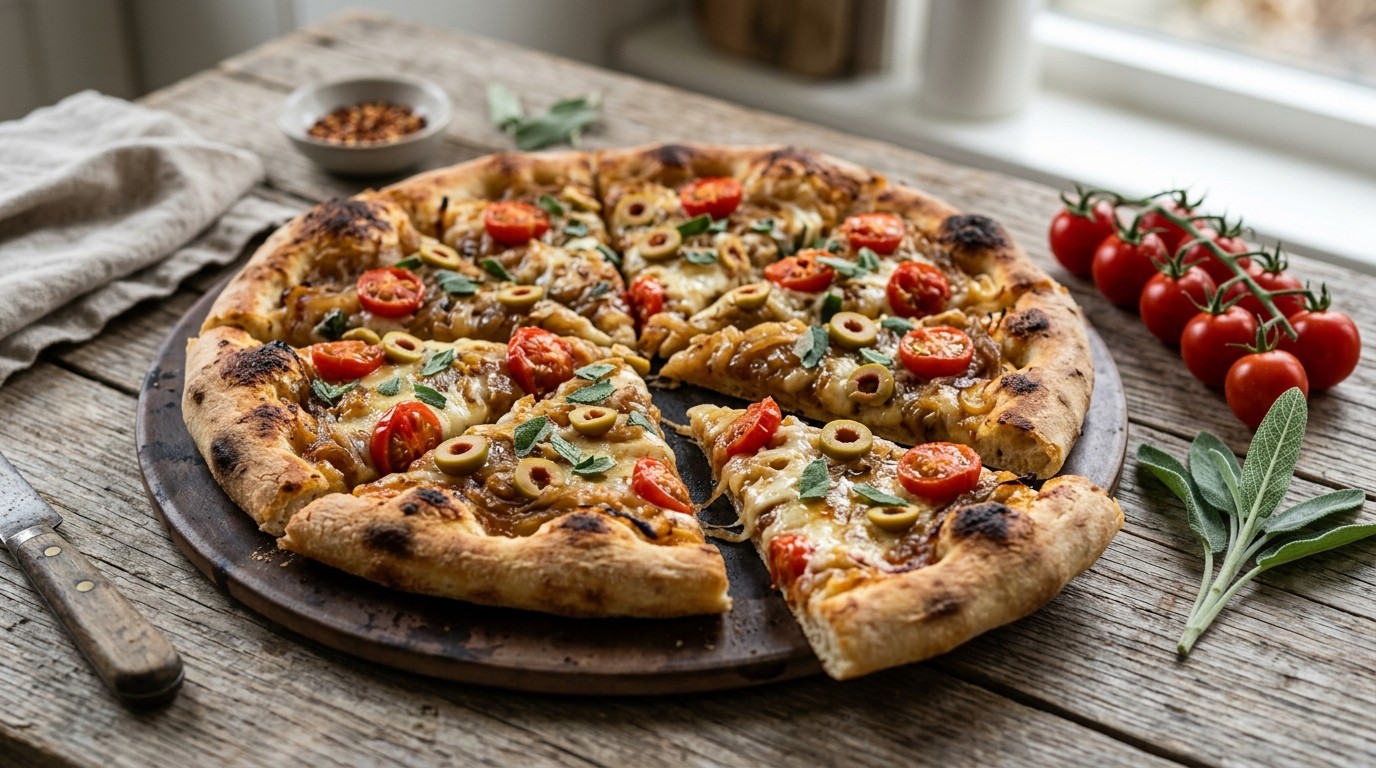 Uienpizza met cherrytomaatjes