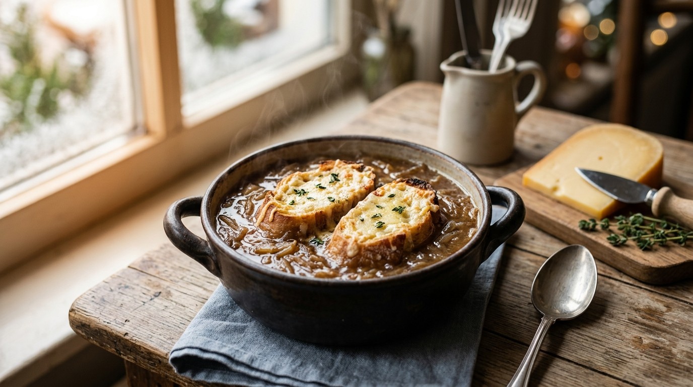 Uiensoep met kaasstokbrood