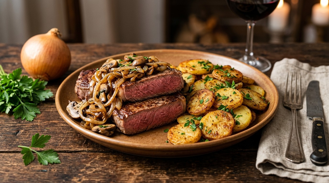 Uiensteaks met gebakken aardappelen