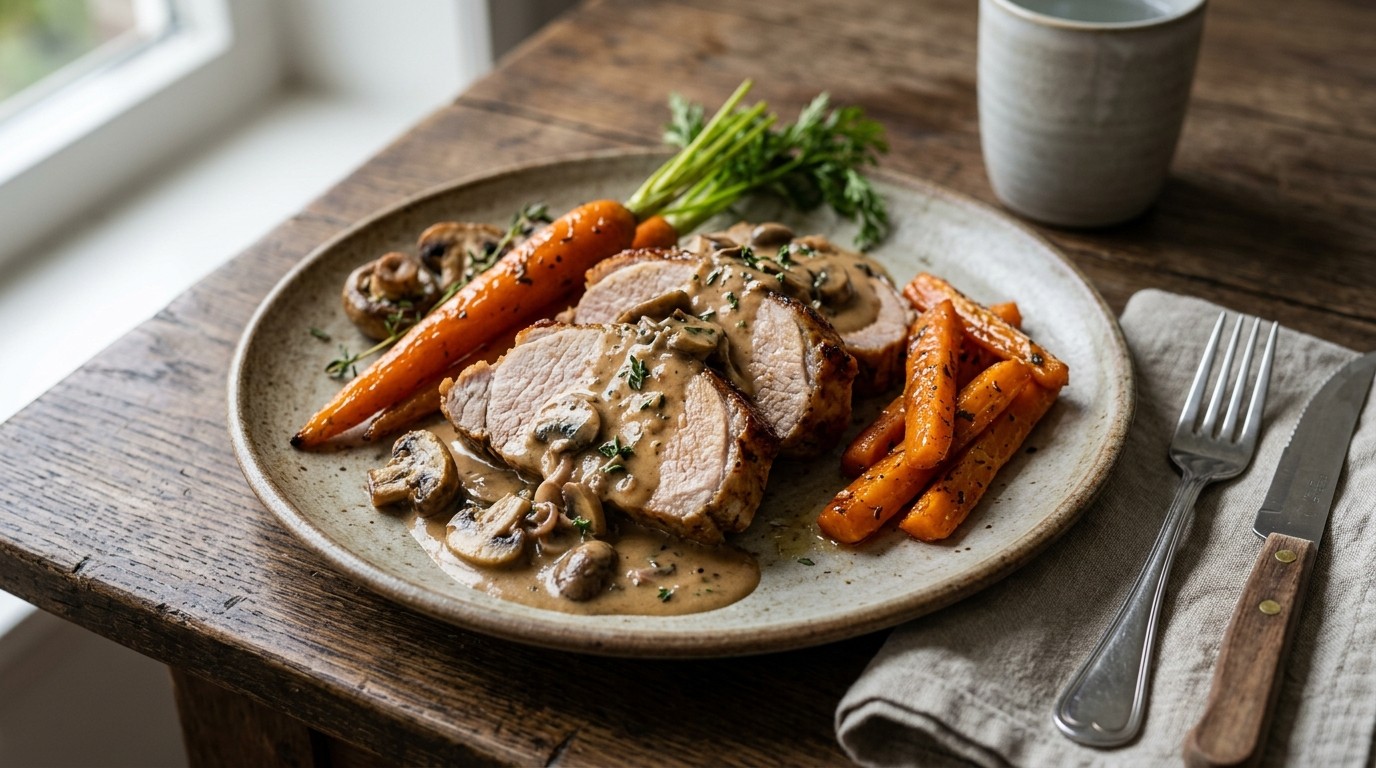 Varkensfilet met champignonsaus en wortels