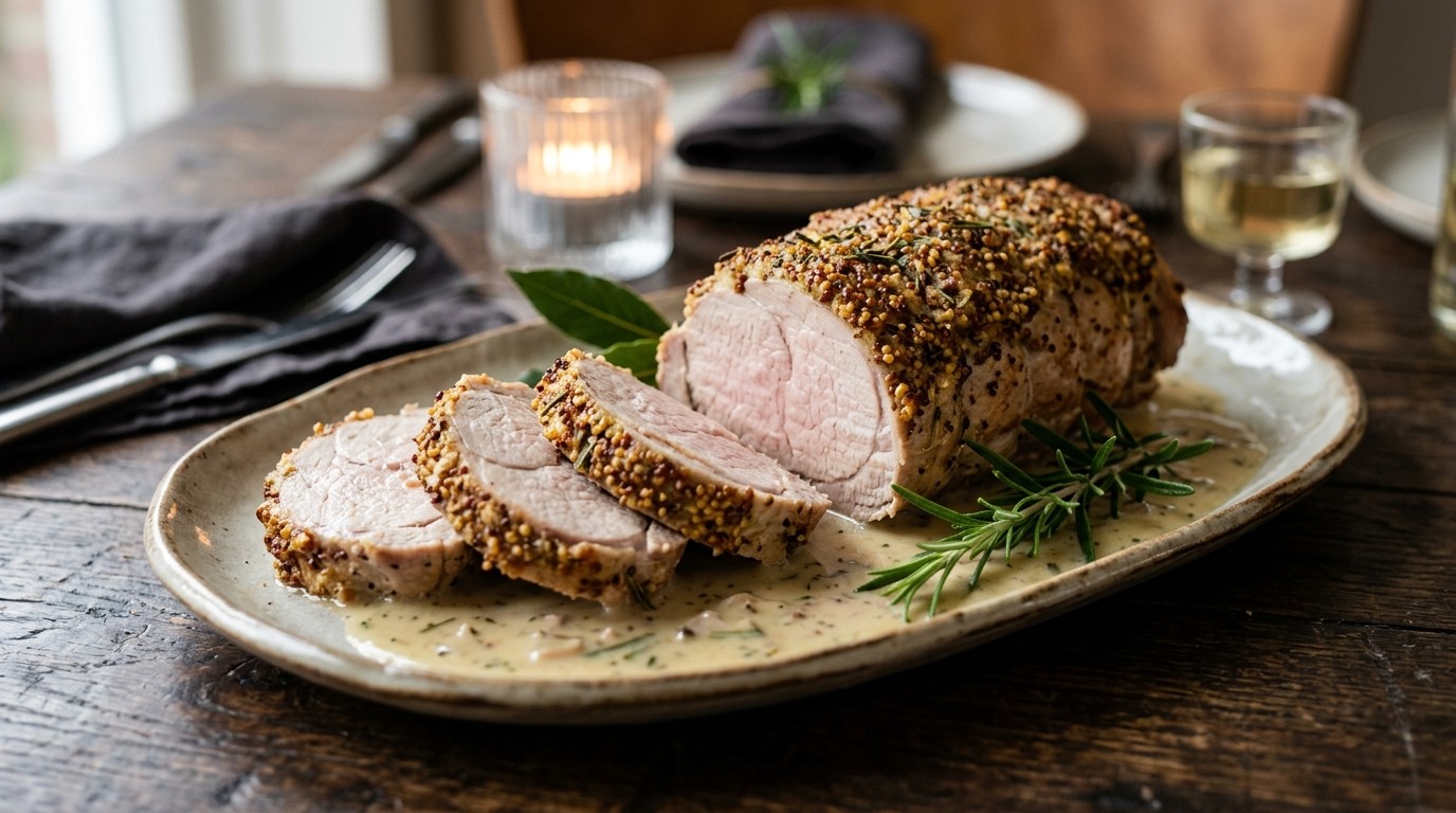 Varkensfilet met mosterdkorst en witte wijnsaus