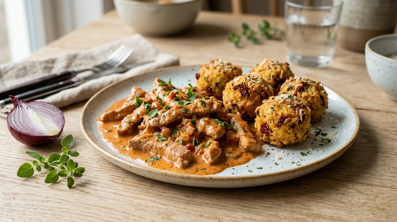 Varkensfiletreepjes met röstibolletjes