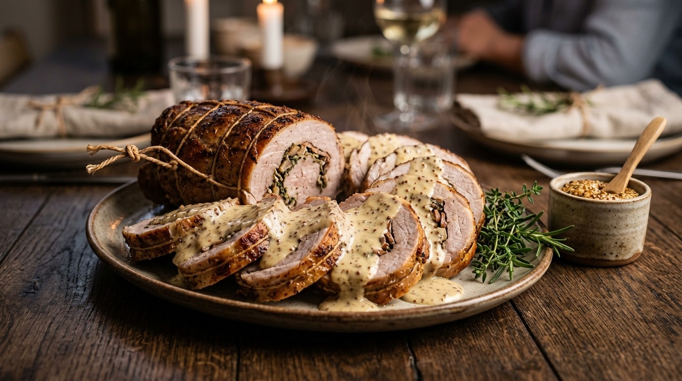 Varkensfiletrollade met Mosterdsaus