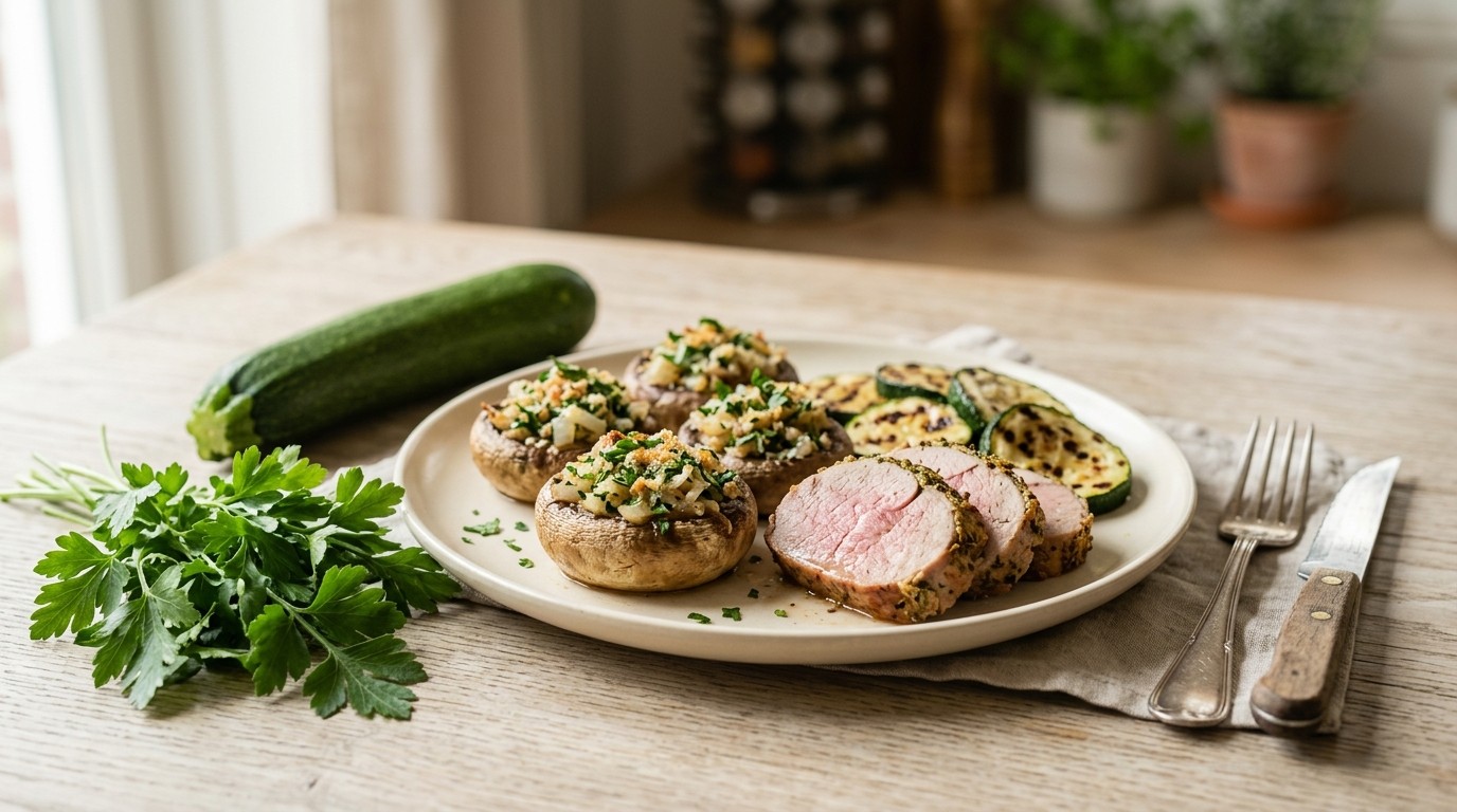 Varkenshaas met gevulde champignons en courgette