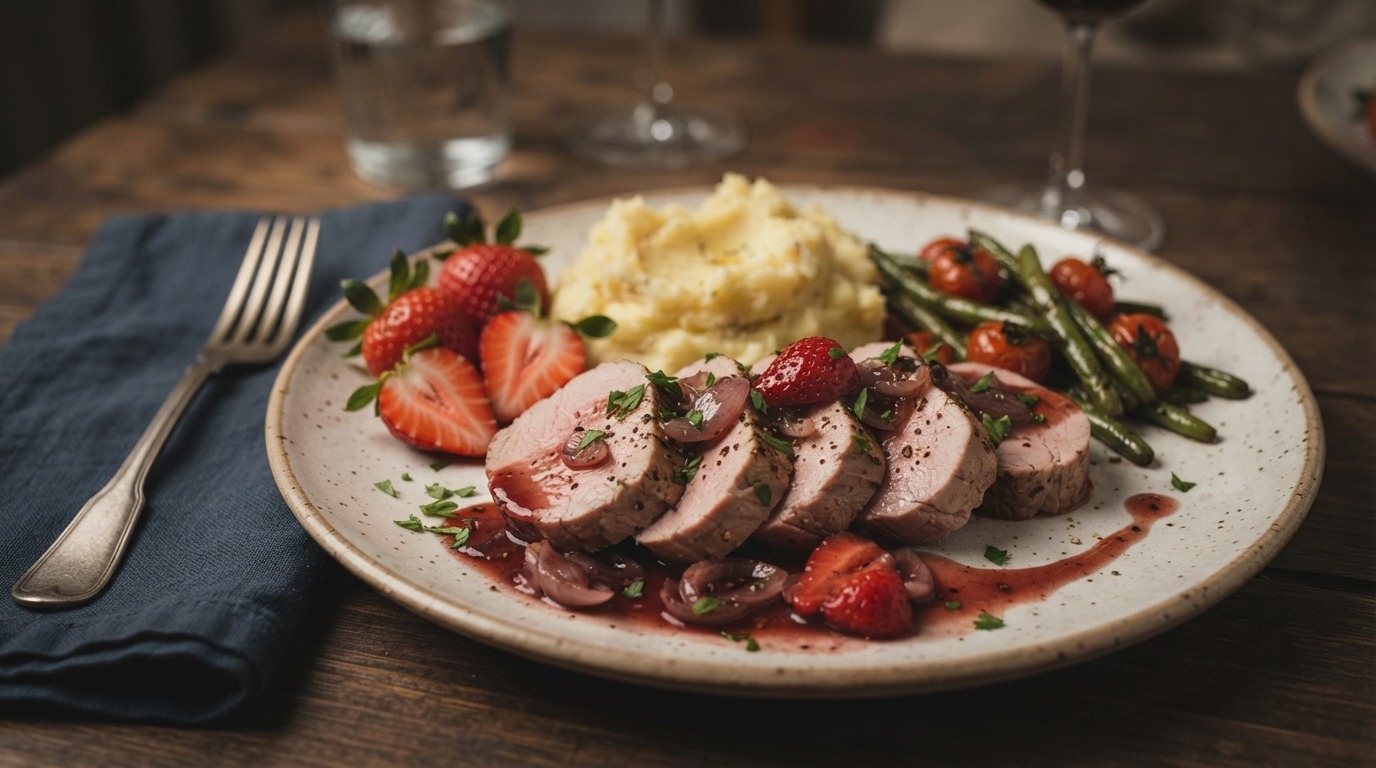 Varkenshaasje met aardbeien-portsaus