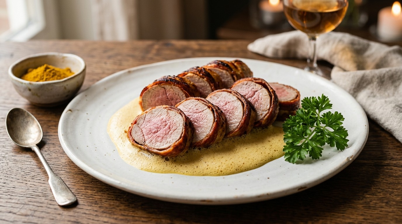 Varkenshaasje met chorizo en kerrieschuim