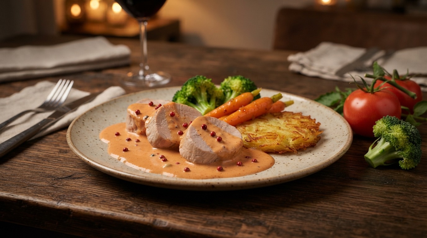 Varkenshaasje met tomatenroomsausje en roze peperkorrels