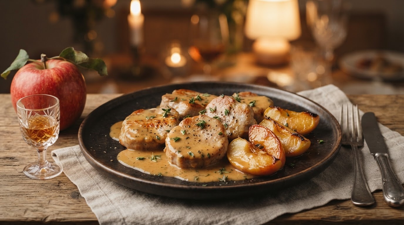 Varkenshaasmedaillons met appel en cognacsaus