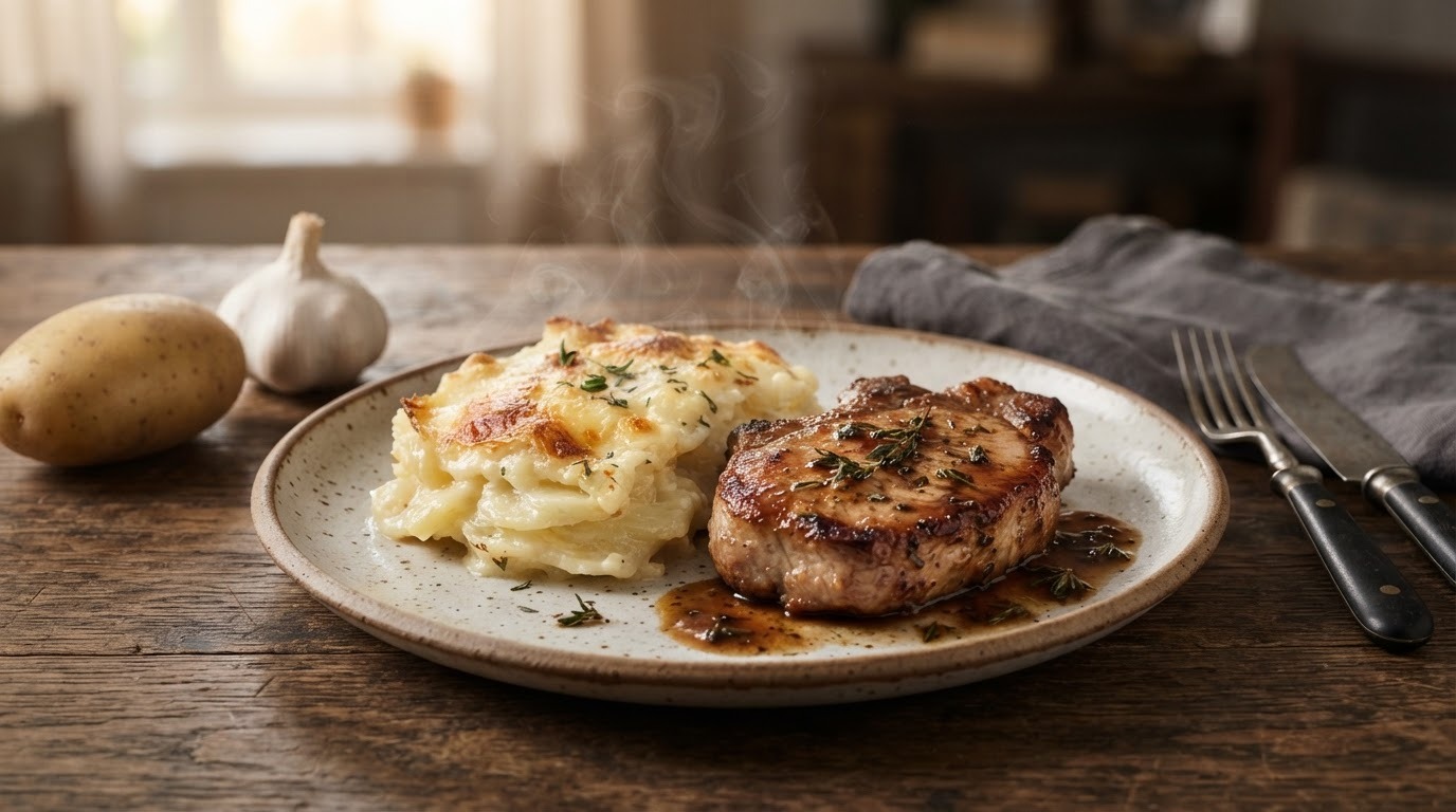 Varkenslapje met aardappelgratin