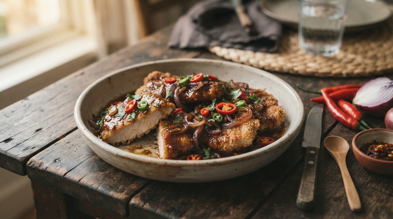 Varkenslapjes met pittige saus