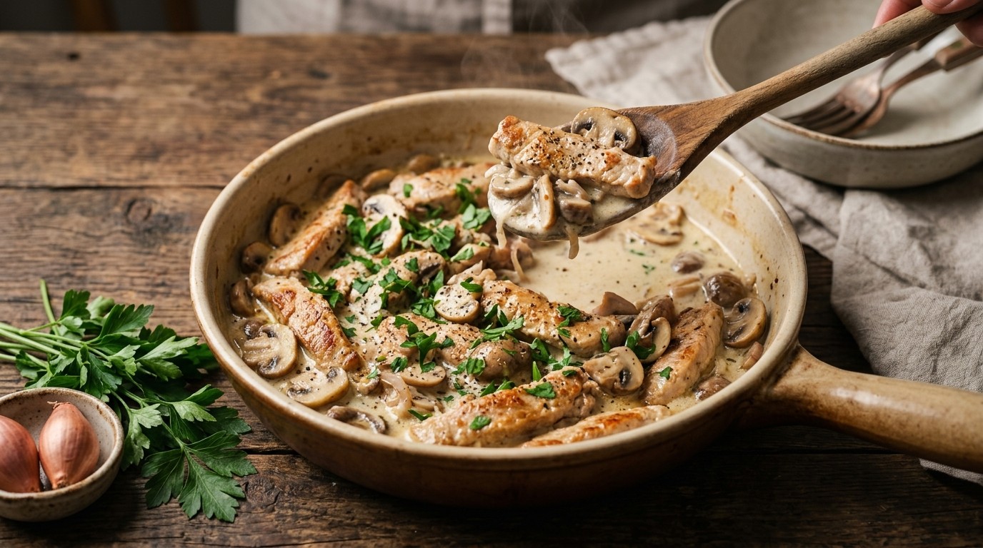 Varkensreepjes met champignons