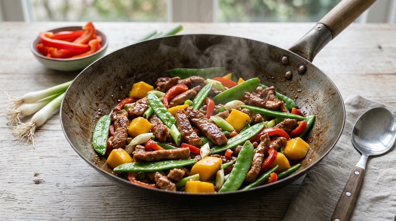 Varkensreepjes met mango en peultjes