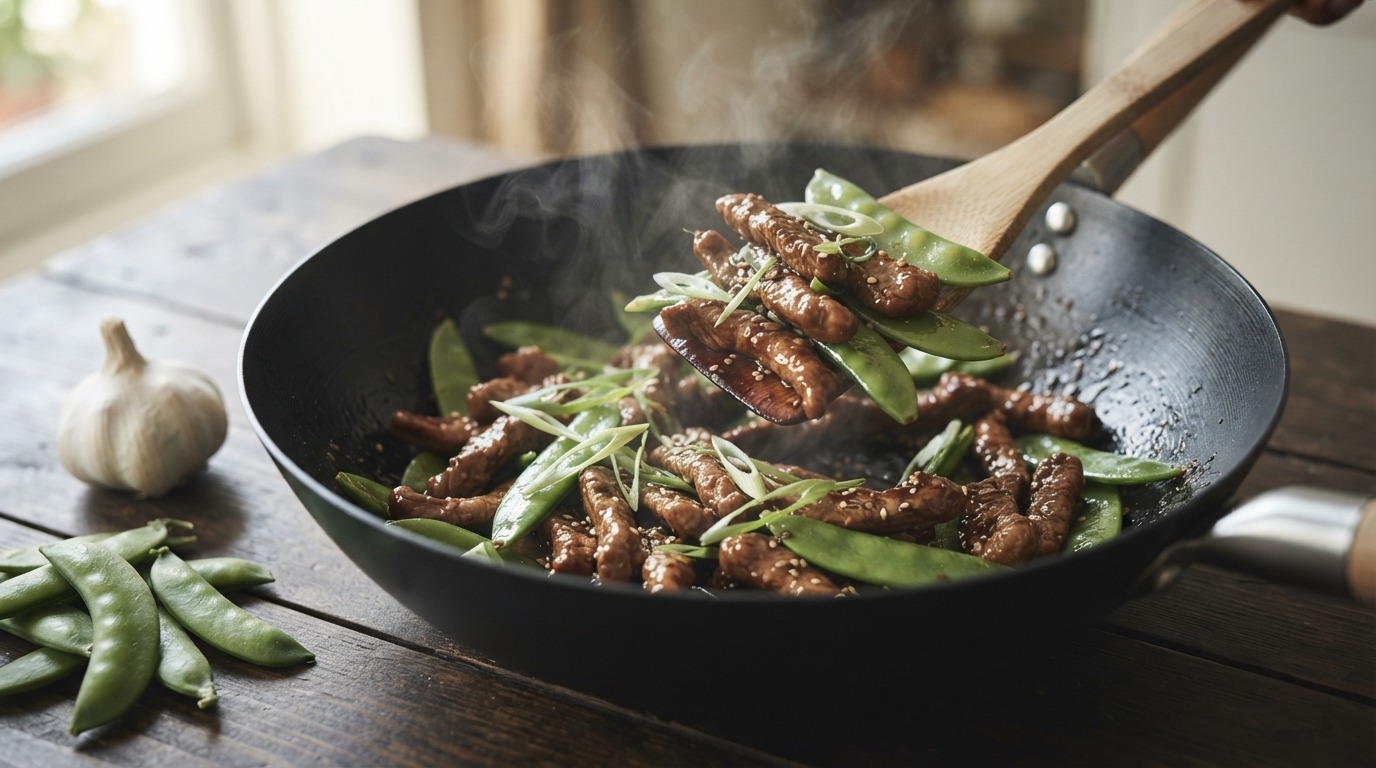 Varkensreepjes met peultjes in de wok