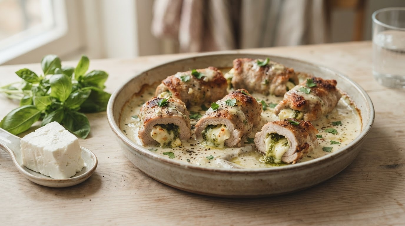 Varkensrolletjes met kaas en pesto