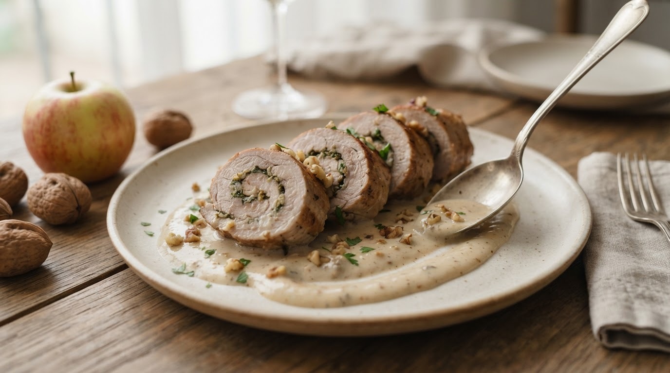 Varkensrolletjes met walnotensaus