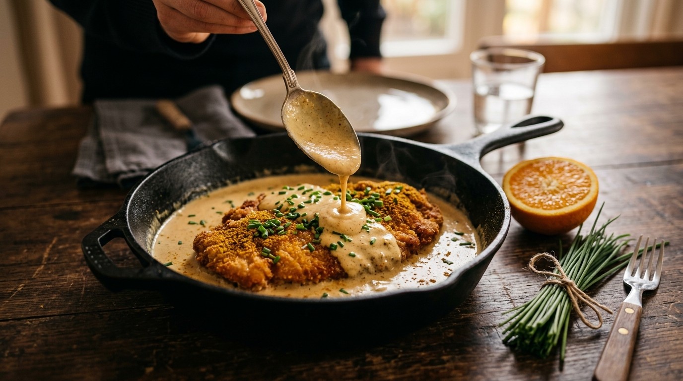 Varkensschnitzel met kerrieroomsaus