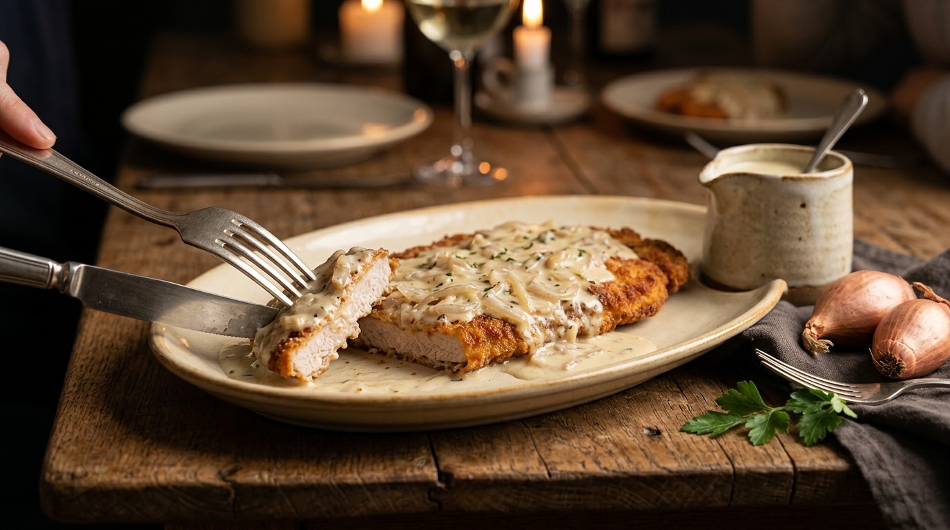 Varkensschnitzel met sjalot-roomsaus