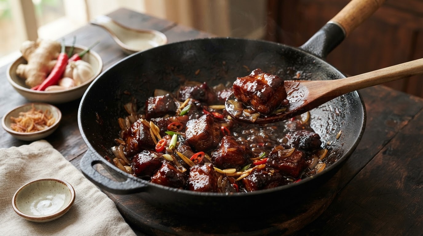 Varkensvlees in pittig zoete ketjapsaus
