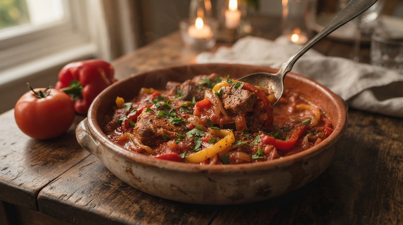 Varkensvlees in tomaten paprika saus
