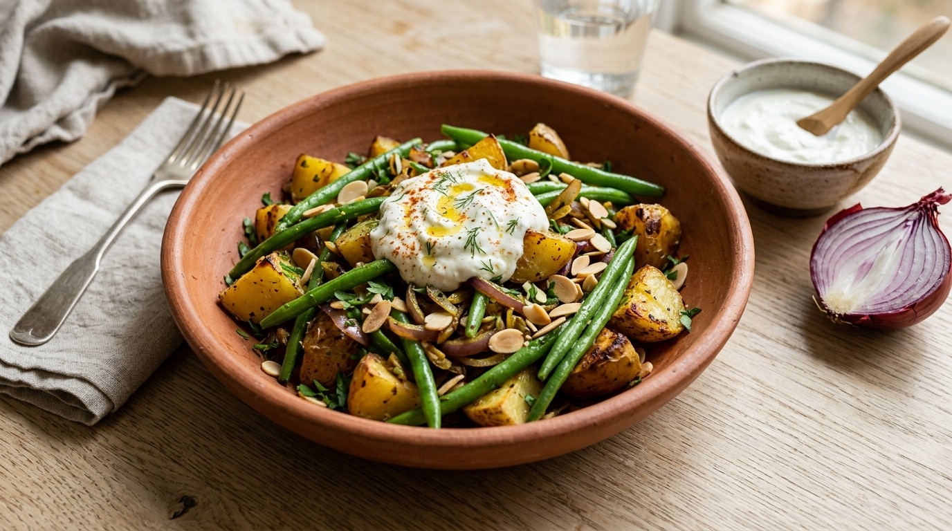 Vegetarische Sperziebonen-aardappelengerecht