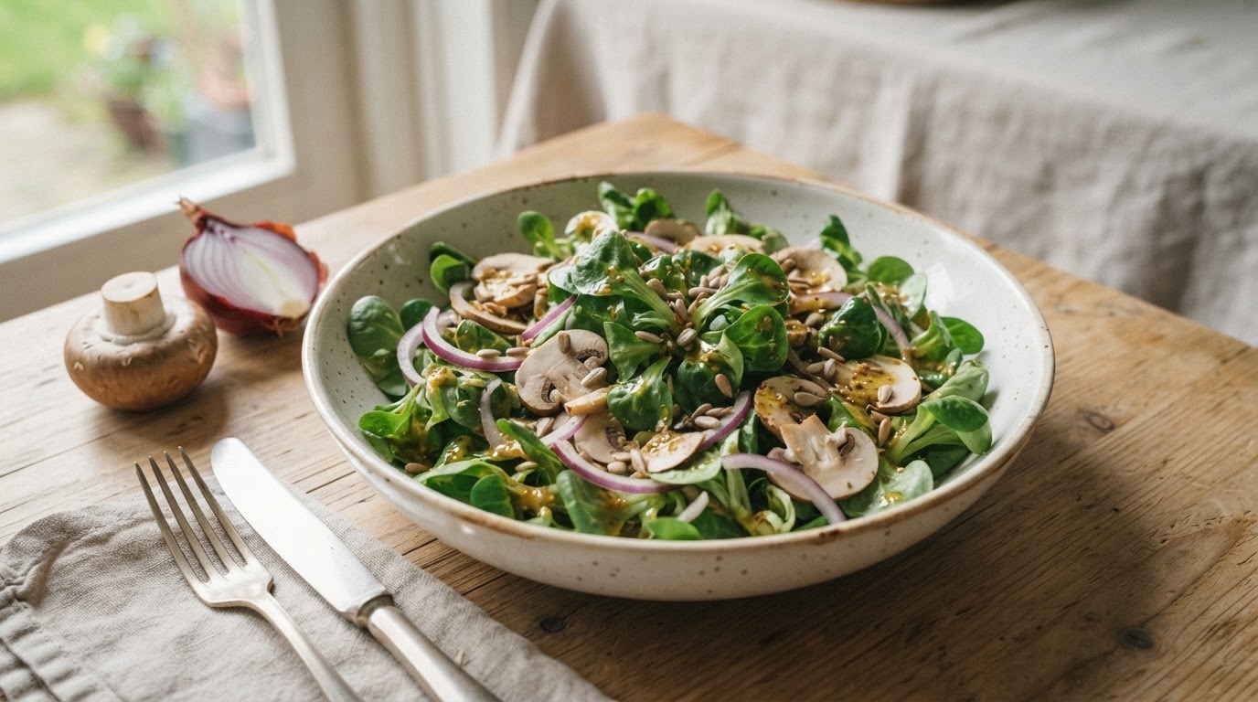 Veldsla met champignons