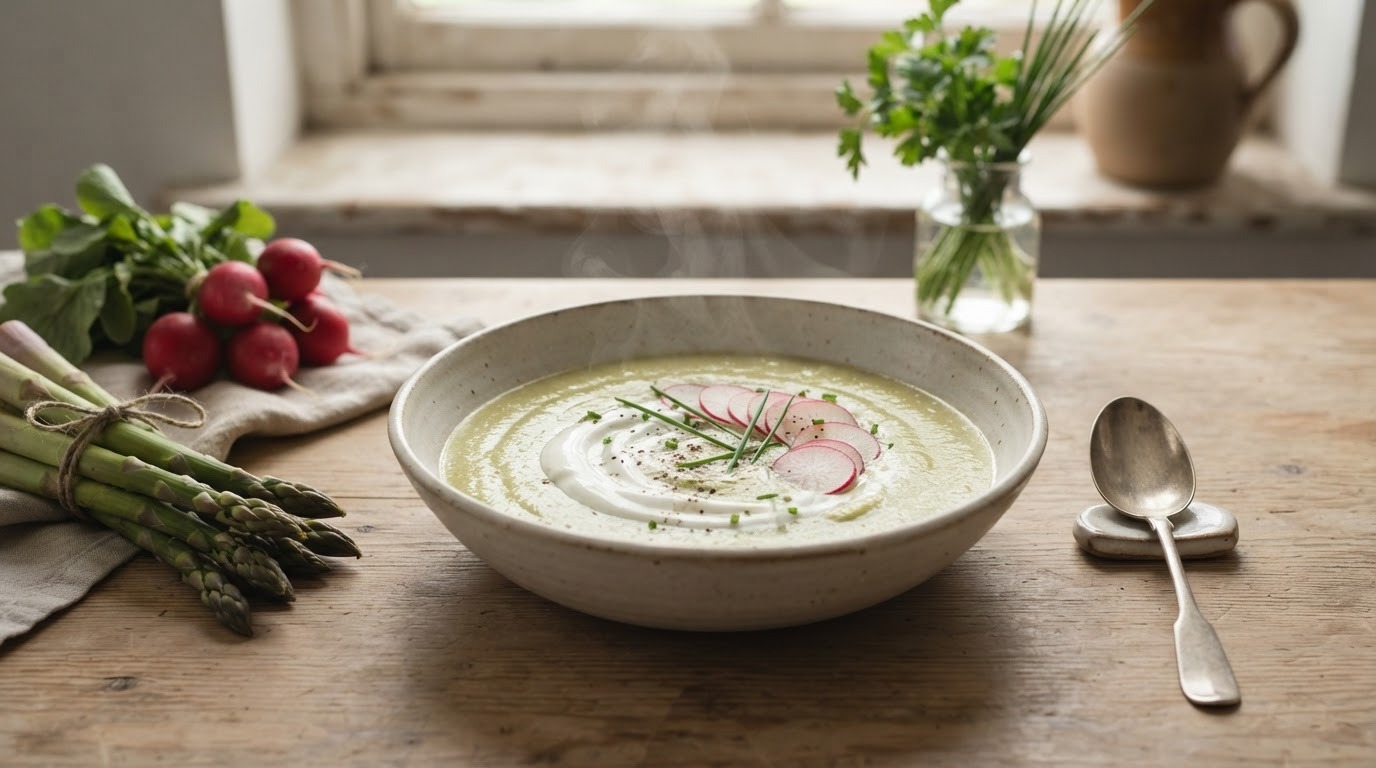 Velouté van asperges en radijs