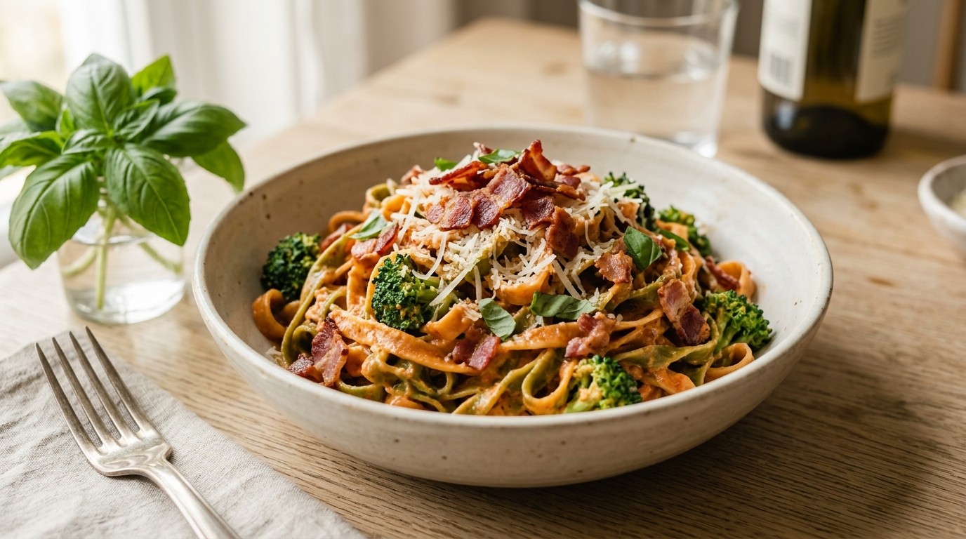 Verse Pasta met Pesto-roomsaus en Gebakken Bacon
