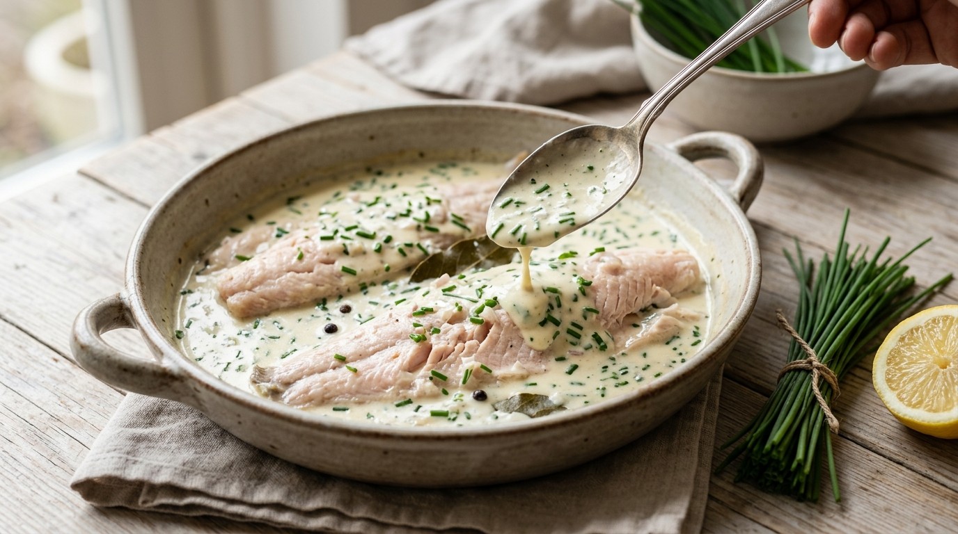Vis Forel gestoofd met bieslooksaus