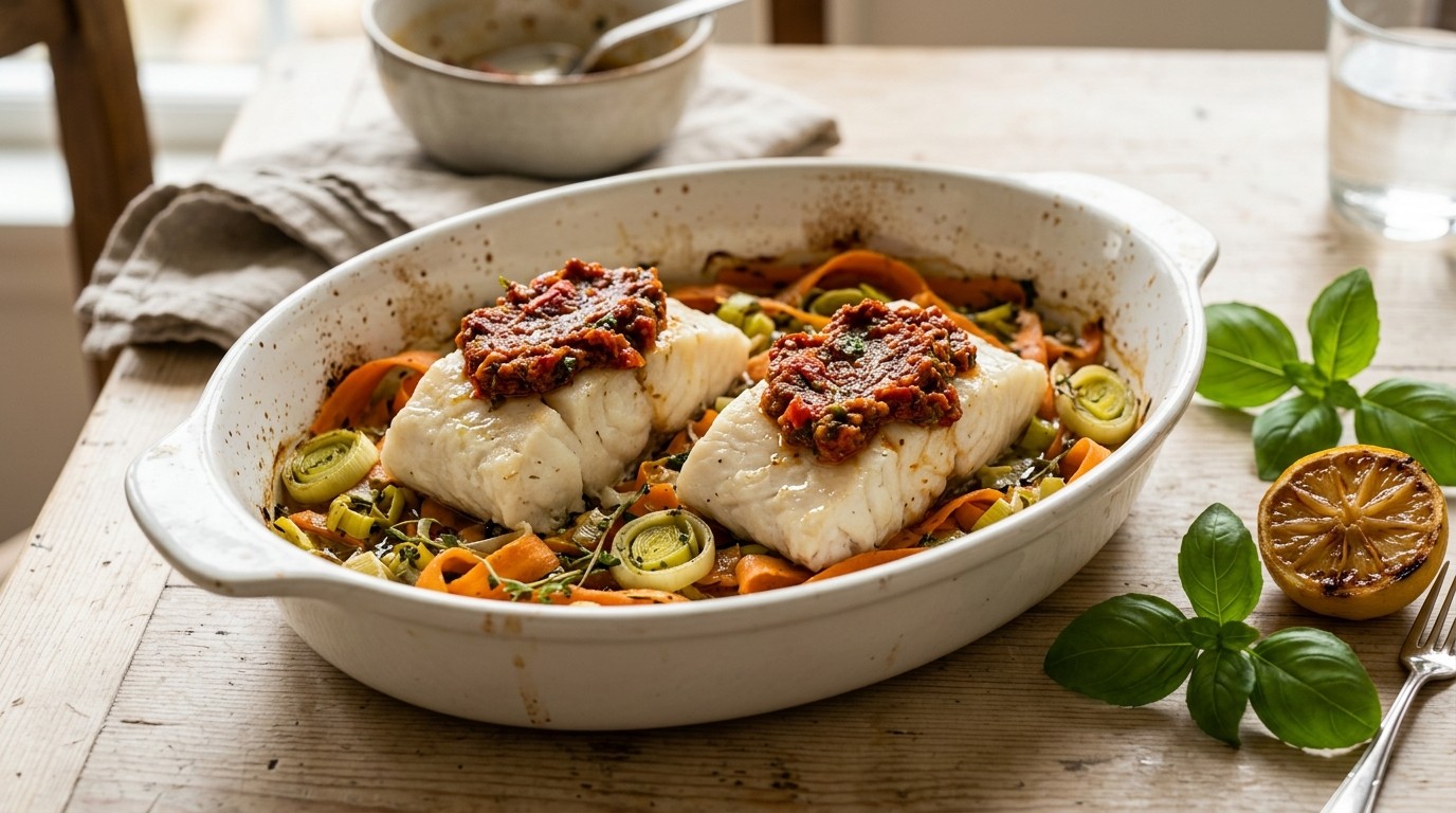 Vis uit de oven met wortel, prei en pesto rosso