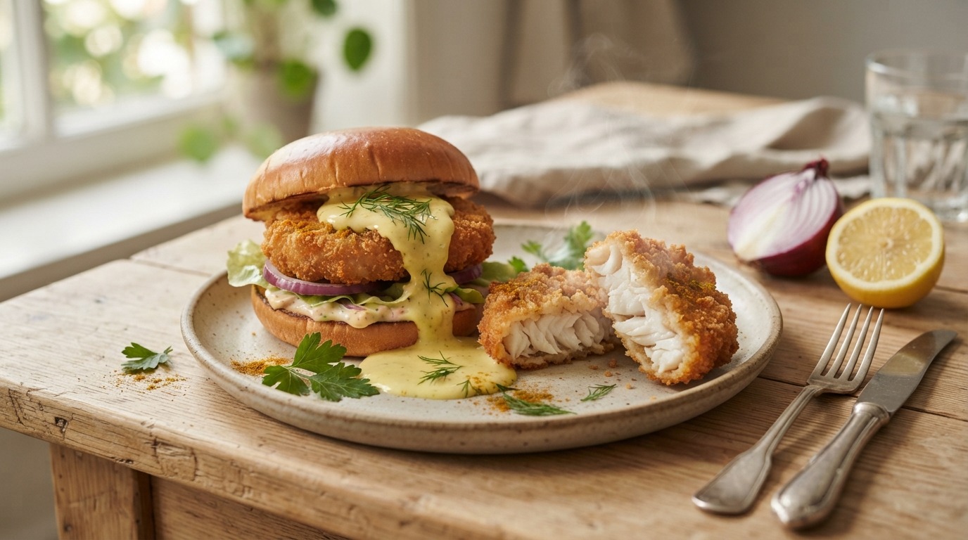 Visburger met kerriesaus