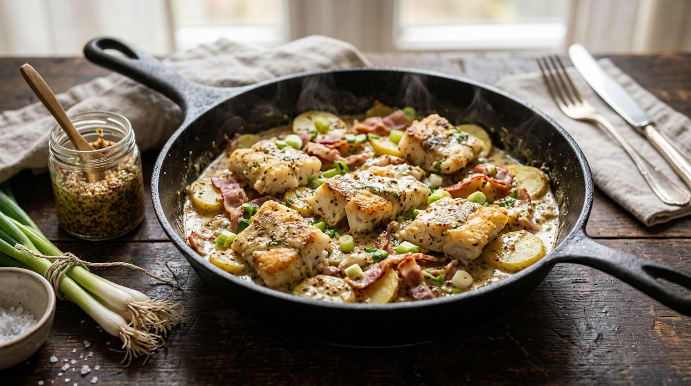 Vispannetje met Aardappels en Mosterdsaus