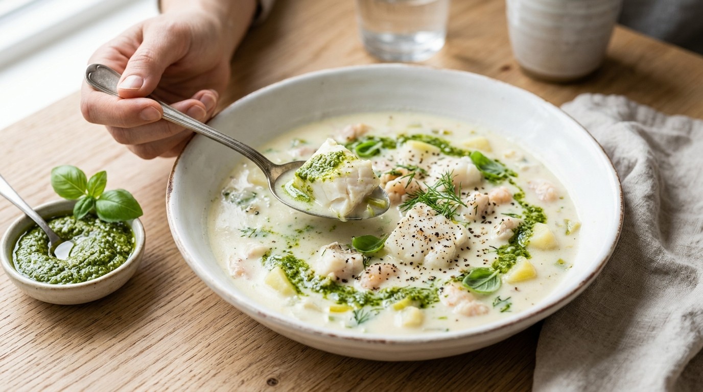 Vissoep met pesto