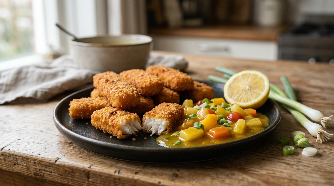 Vissticks met kerrie-vruchtensaus