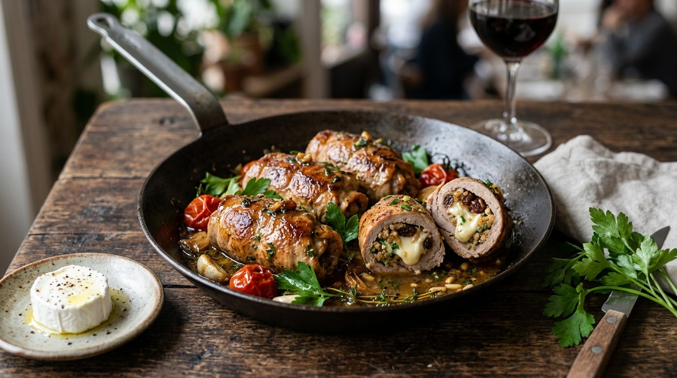 Vleesrolletjes met geitenkaas en rozijnen