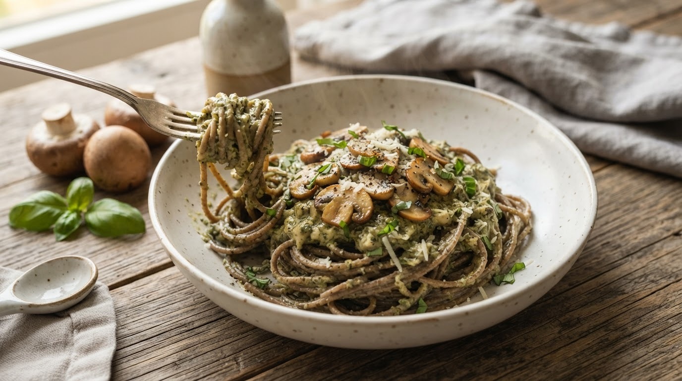 Volkoren spaghetti met champignon/peso-saus