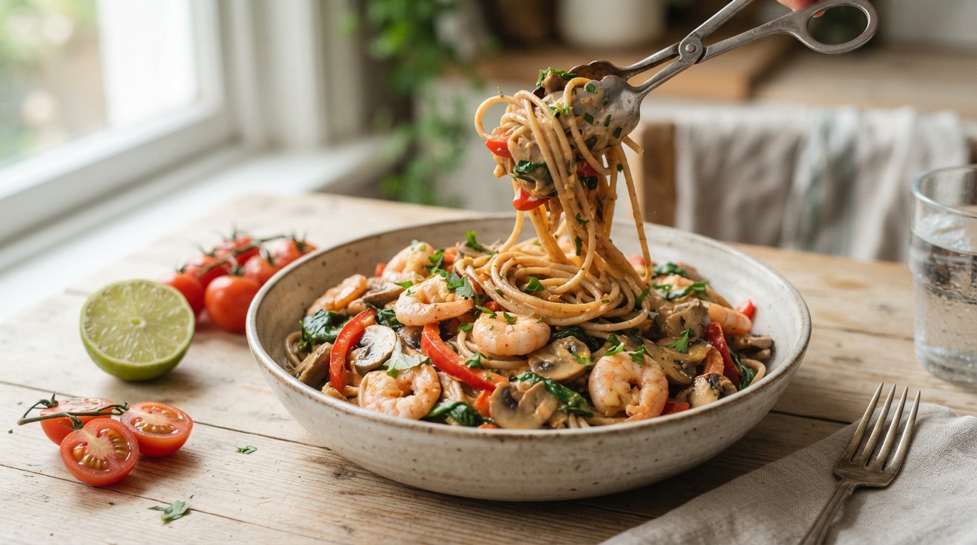 Volkoren spaghetti met garnalen, kastanjechampignons, paprika