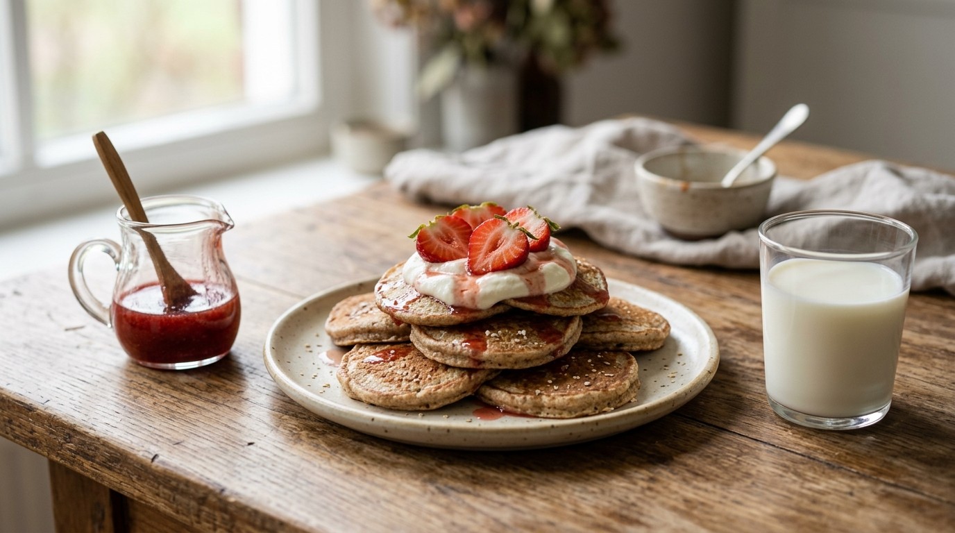 Volkorenpannenkoekjes met kwark en aardbeien