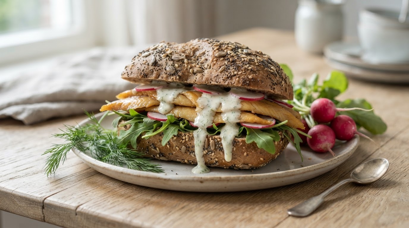 Waldkornbroodje met paling en dilleyoghurt