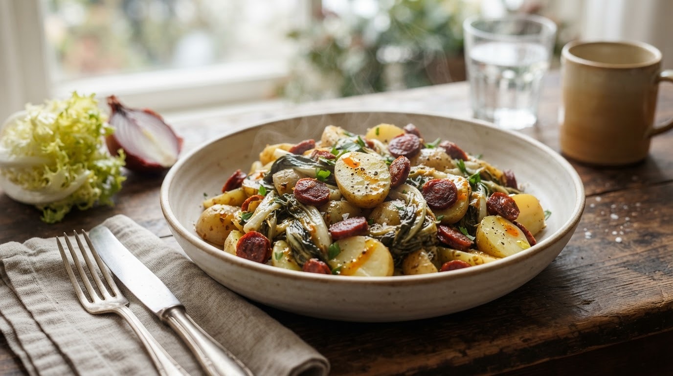 Warme aardappel-andijviesalade met chorizo