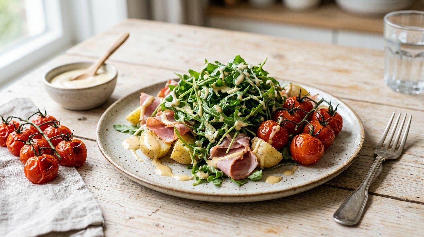 Warme rucola met mosterdsaus
